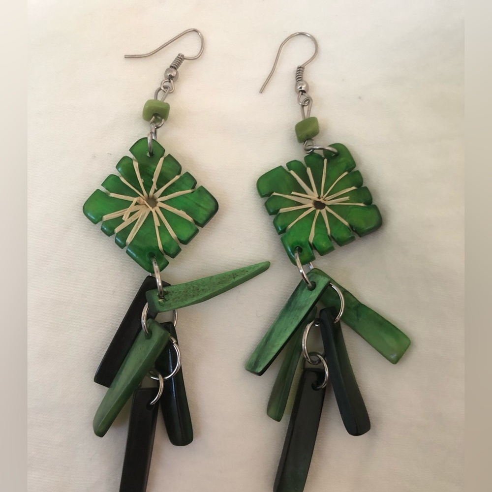 Peruvian Green & Black Shell Dangle Earrings